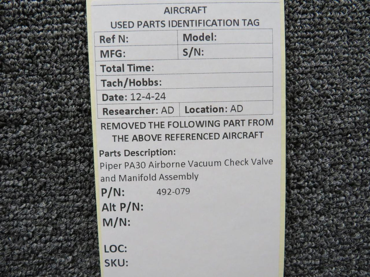 Piper Aircraft Parts 492-079 Piper PA30 Airborne Vacuum Check Valve and Manifold Assembly