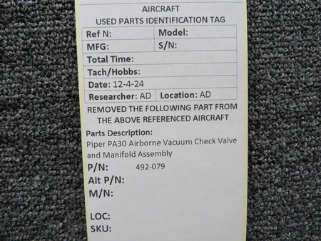 Piper Aircraft Parts 492-079 Piper PA30 Airborne Vacuum Check Valve and Manifold Assembly