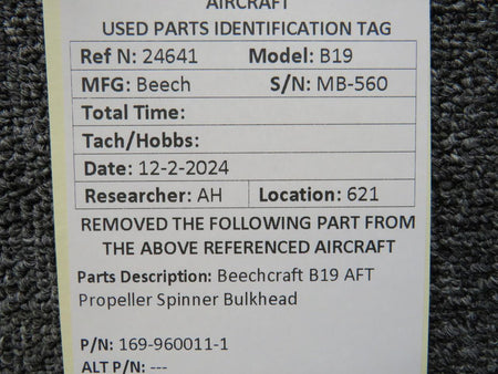 Beechcraft Parts 169-960011-1 Beechcraft B19 Propeller Spinner Bulkhead Aft