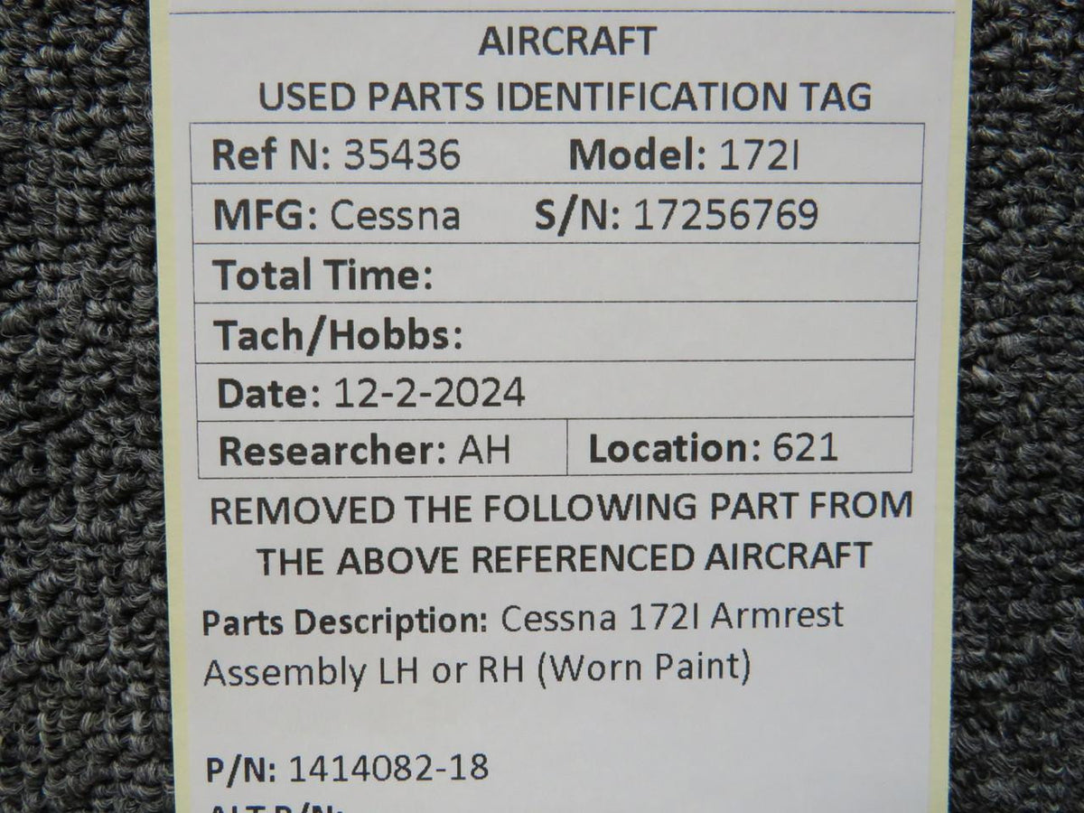 Cessna Aircraft Parts 1414082-18 Cessna 172I Armrest Assembly LH or RH (Worn Paint)