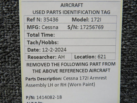 Cessna Aircraft Parts 1414082-18 Cessna 172I Armrest Assembly LH or RH (Worn Paint)