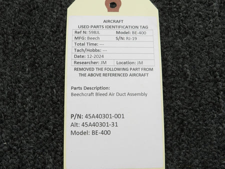 Beechcraft Parts 45A40301-001 (Alt: 45A40301-31) Beechcraft BE-400 Bleed Air Duct Assembly