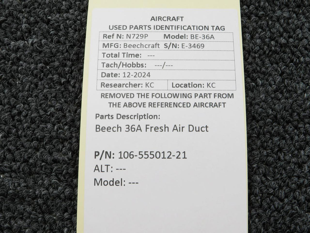 Beechcraft Parts 106-555012-21 Beech 36A Fresh Air Duct
