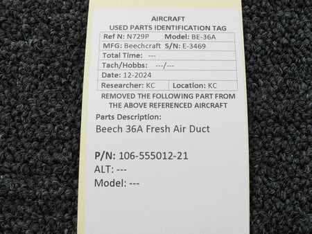 Beechcraft Parts 106-555012-21 Beech 36A Fresh Air Duct