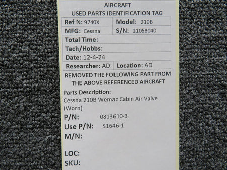 Cessna Aircraft Parts 0813610-3 (Use: S1646-1) Cessna 210B Wemac Cabin Air Valve (Worn)
