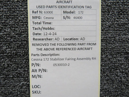 Cessna Aircraft Parts 0530010-2 Cessna 172 Stabilizer Fairing Assembly RH