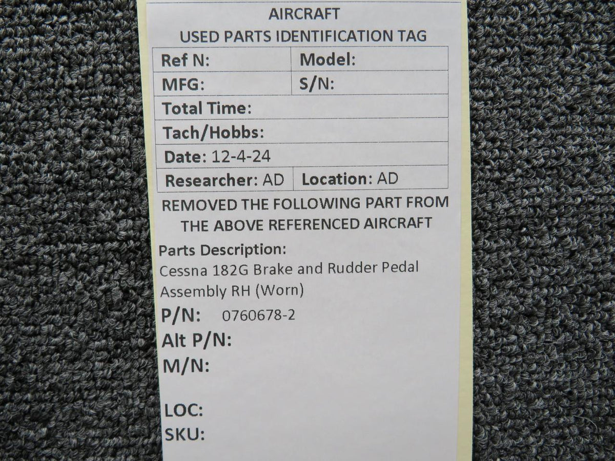 Cessna Aircraft Parts 0760678-2 Cessna 182G Brake and Rudder Pedal Assembly RH (Worn)