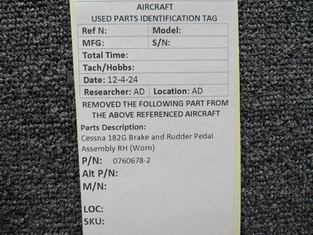 Cessna Aircraft Parts 0760678-2 Cessna 182G Brake and Rudder Pedal Assembly RH (Worn)