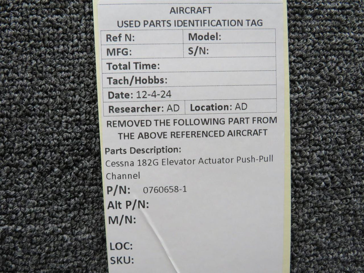 Cessna Aircraft Parts 0760658-1 Cessna 182G Elevator Actuator Push-Pull Channel