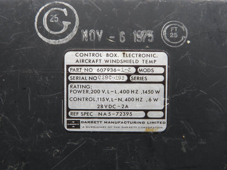 Enviro Systems 607936-1-2 Garret Electronic Aircraft Windshield Temp. Control Box (Scratches)