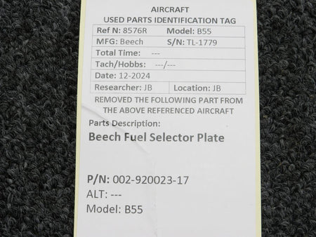 Beechcraft Parts 002-920023-17 Beech B55 Fuel Selector Plate