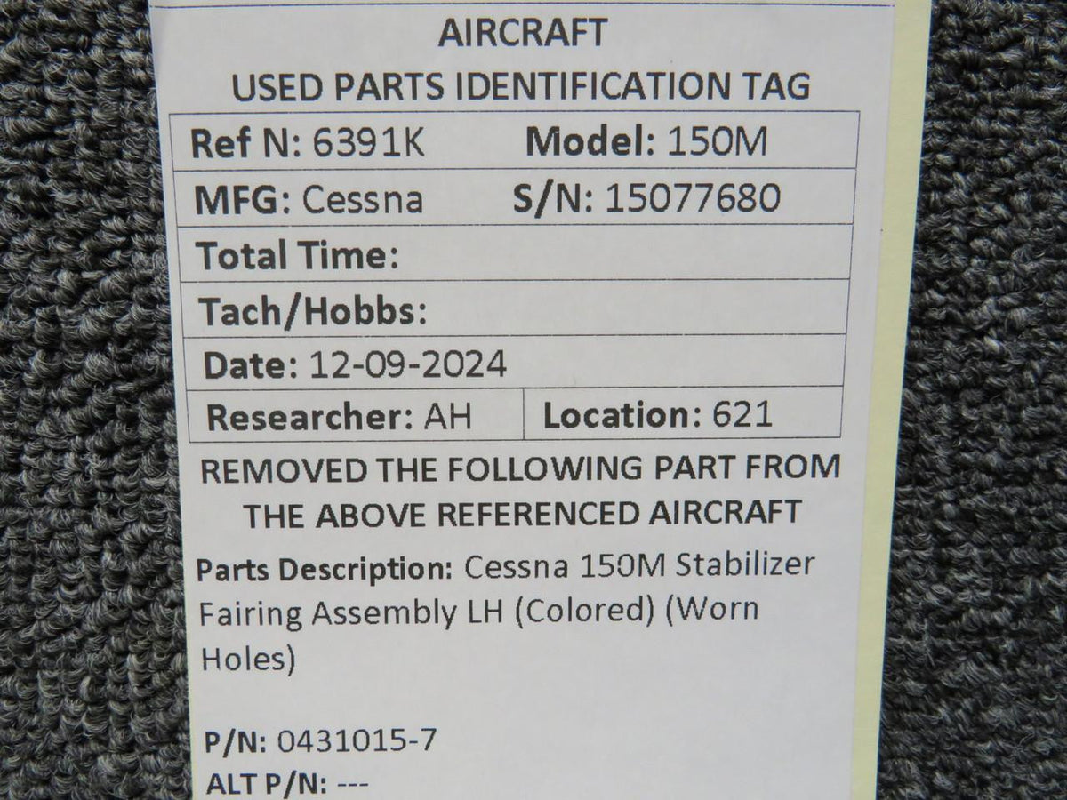 Cessna Aircraft Parts 0431015-7 Cessna 150M Stabilizer Fairing Assembly LH (Colored) (Worn Holes)