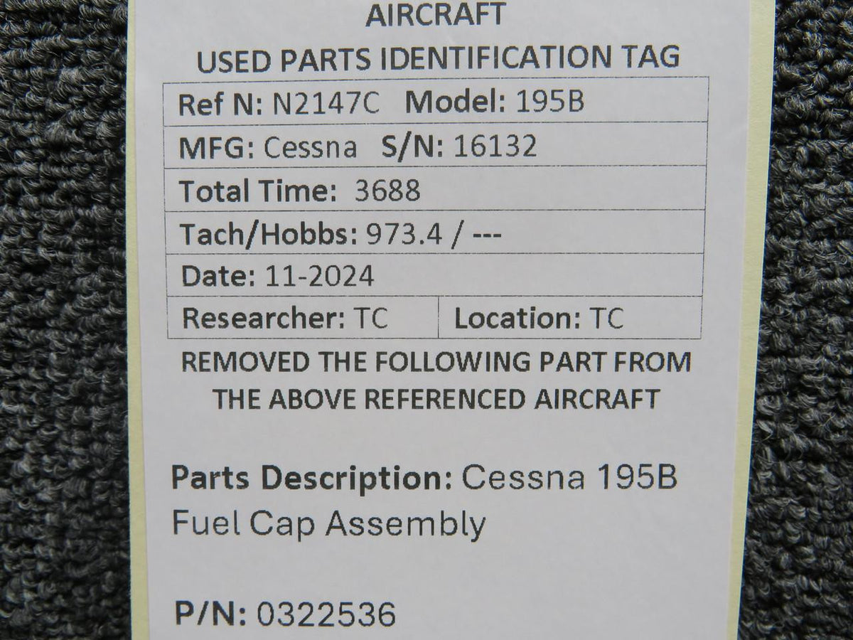 Cessna Aircraft Parts 0322536 Cessna 195B Fuel Cap Assembly