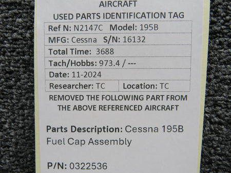 Cessna Aircraft Parts 0322536 Cessna 195B Fuel Cap Assembly