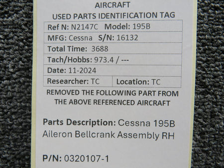 Cessna Aircraft Parts 0320107-1 Cessna 195B Aileron Bellcrank Assembly RH