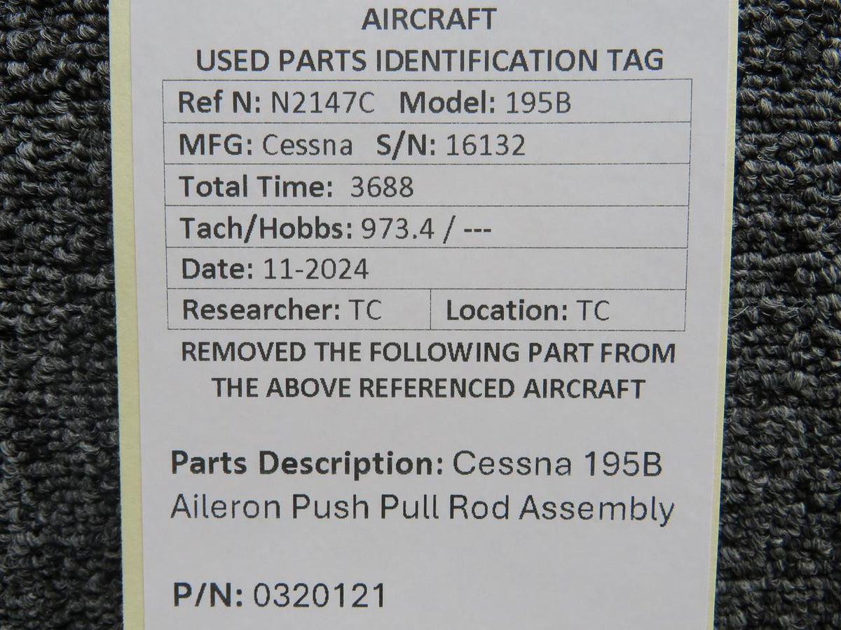 Cessna Aircraft Parts 0320121 Cessna 195B Aileron Push Pull Rod Assembly