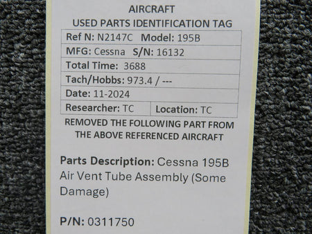 Cessna Aircraft Parts 0311750 Cessna 195B Air Vent Tube Assembly (Some Damage)