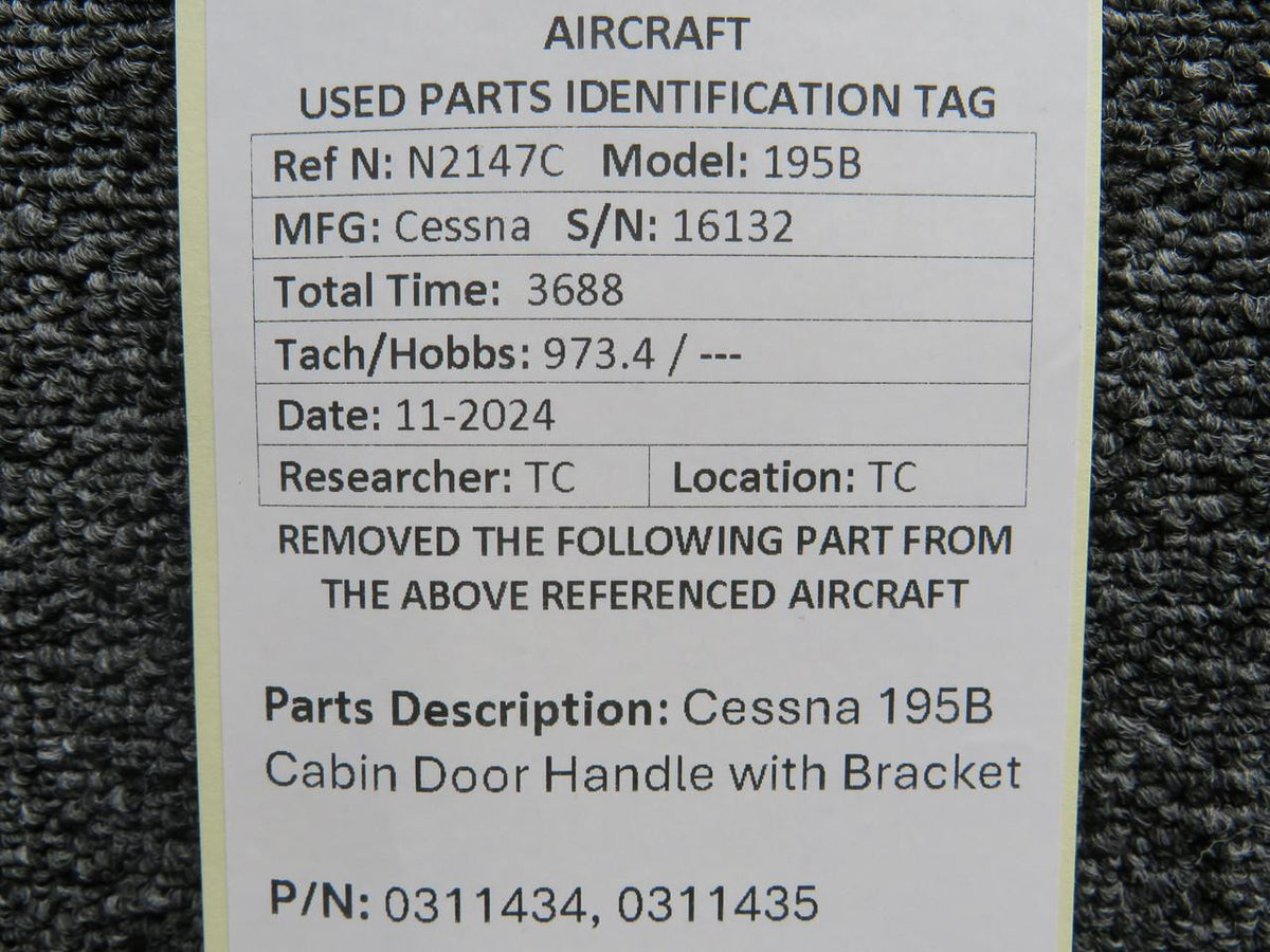 Cessna Aircraft Parts 0311434, 0311435 Cessna 195B Cabin Door Handle with Bracket (Worn)