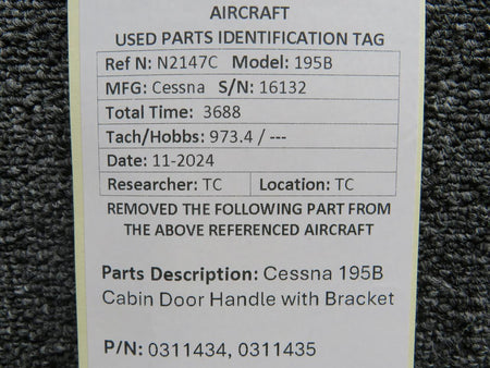 Cessna Aircraft Parts 0311434, 0311435 Cessna 195B Cabin Door Handle with Bracket (Worn)