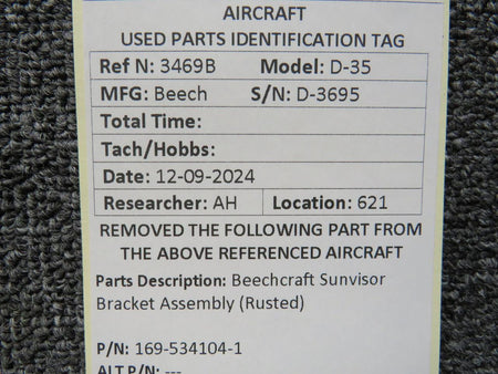 Beechcraft Parts 169-534104-1 Beechcraft Sun Visor Bracket Assembly (Rusted)