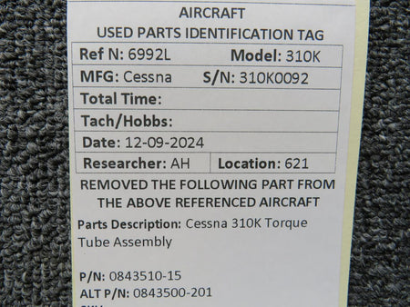 Cessna Aircraft Parts 0843510-15 (Alt: 0843500-201) Cessna 310K Torque Tube Assembly