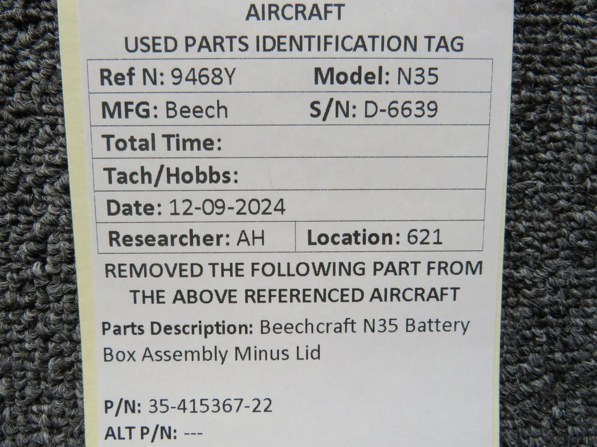 Beechcraft Parts 35-415367-22 Beechcraft N35 Battery Box Assembly Minus Lid