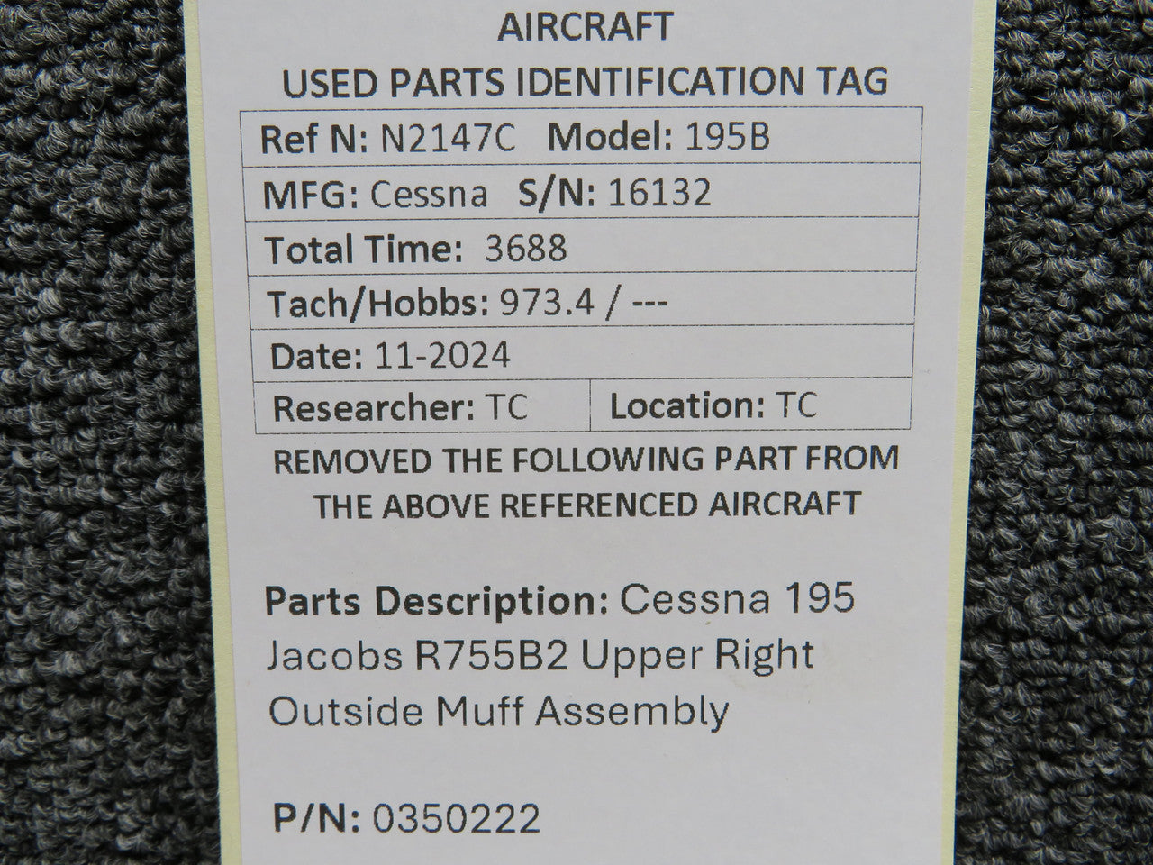 0350222 Jacobs R755B2 Upper Right Outside Muff Assembly – BAS Part