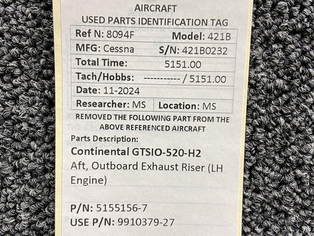 Continental Motors  5155156-7 (Use: 9910379-27) Continental GTSIO-520 Aft, Outbd Exhaust Riser