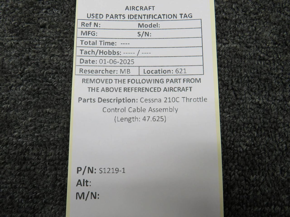 Cessna Aircraft Parts S1219-1 Cessna 210C Throttle Control Cable Assembly (Length: 47.625)
