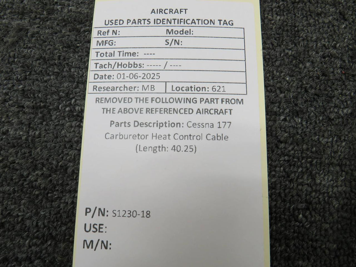 Cessna Aircraft Parts S1230-18 Cessna 177 Carburetor Heat Control Cable (Length: 40.25)