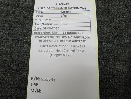 Cessna Aircraft Parts S1230-18 Cessna 177 Carburetor Heat Control Cable (Length: 40.25)