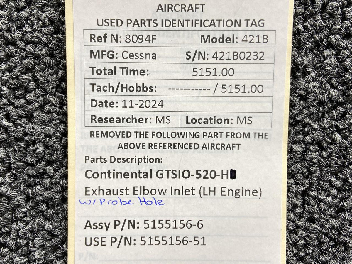 Continental Motors  5155156-6 (Use: 5155156-51) Continental GTSIO-520-H Exhaust Elbow (LH Engine)