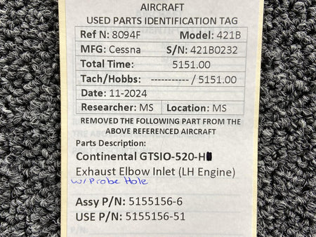 Continental Motors  5155156-6 (Use: 5155156-51) Continental GTSIO-520-H Exhaust Elbow (LH Engine)