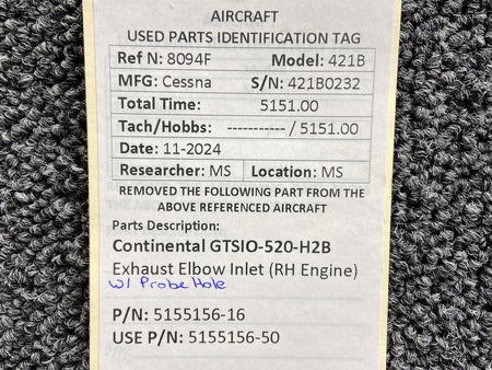 Continental Motors  5155156-16 (Use: 5155156-50) Continental GTSIO-520-H2B Exhaust Elbow (RH Engine)