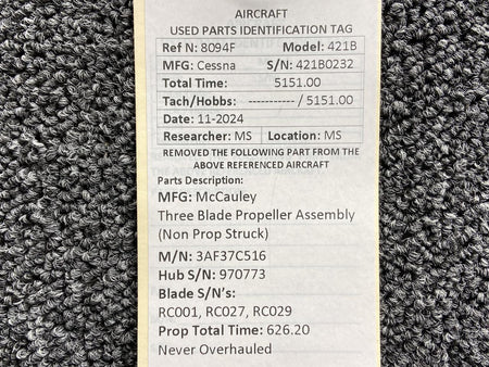 McCauley 3AF37C516 McCauley Three Blade Propeller Assembly LH w Logs