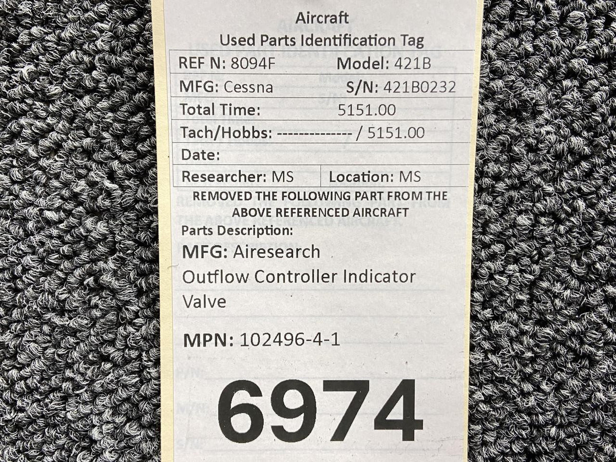 Airesearch 102496-4-1 Airesearch Outflow Controller Indicator Valve
