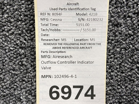 Airesearch 102496-4-1 Airesearch Outflow Controller Indicator Valve
