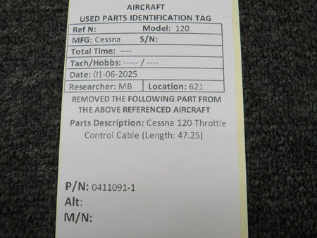 Cessna Aircraft Parts 0411091-1 Cessna 120 Throttle Control Cable (Length: 47.25)