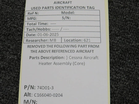 Cessna Aircraft Parts 74D01-3 (Alt: C166040-0204) Cessna Aircraft Heater Assembly (Core)
