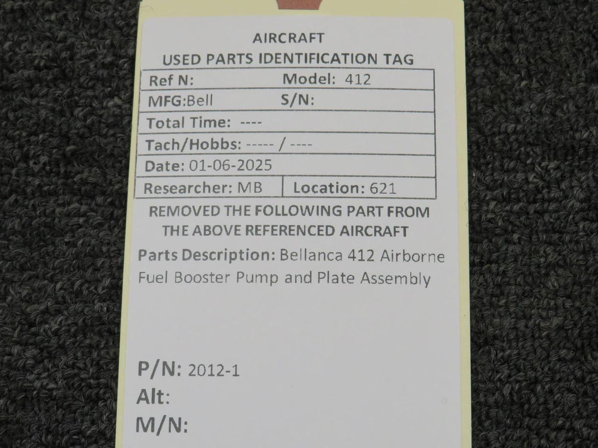 Bellanca 2012-1 Bellanca 412 Airborne Fuel Booster Pump and Plate Assembly
