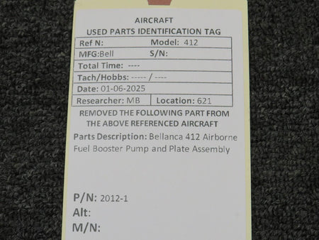 Bellanca 2012-1 Bellanca 412 Airborne Fuel Booster Pump and Plate Assembly