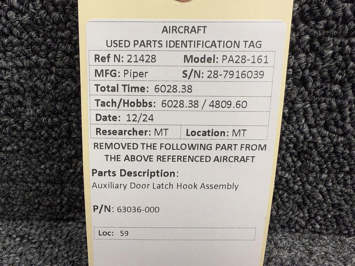Piper Aircraft Parts 63036-000 Piper PA28-161 Auxiliary Door Latch Hook Assembly