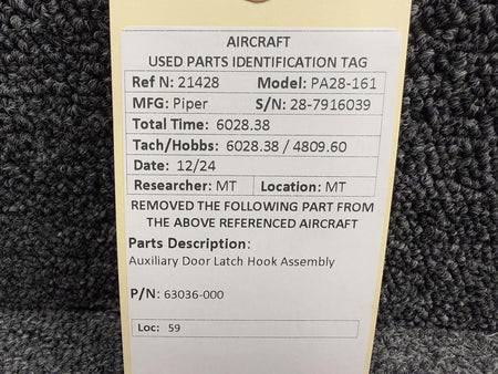 Piper Aircraft Parts 63036-000 Piper PA28-161 Auxiliary Door Latch Hook Assembly