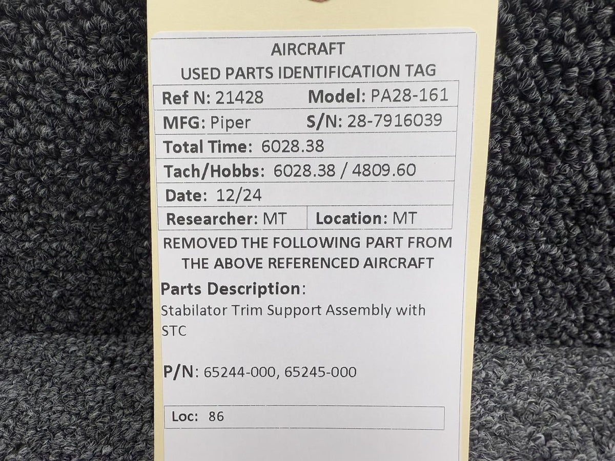 Piper Aircraft Parts 65244-000, 65245-000 Piper PA28-161 Stabilator Trim Support Assembly with STC