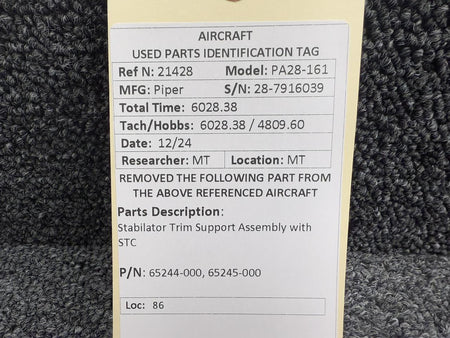 Piper Aircraft Parts 65244-000, 65245-000 Piper PA28-161 Stabilator Trim Support Assembly with STC