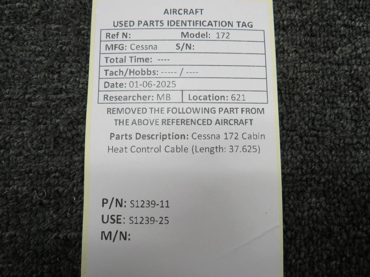 Cessna Aircraft Parts S1239-11 (Use: S1239-25) Cessna 172 Cabin Heat Control Cable (Length: 37.625)