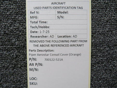 Piper Aircraft Parts 700122-521A Piper Aerostar Console Cover (Orange)