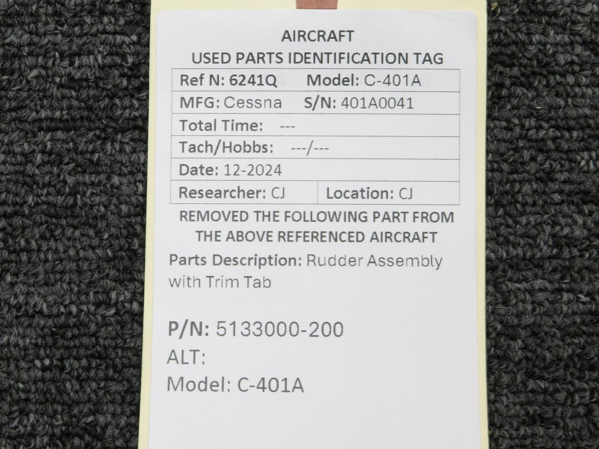 Cessna Aircraft Parts 5133000-200 Cessna C-401A Rudder Assembly with Trim Tab