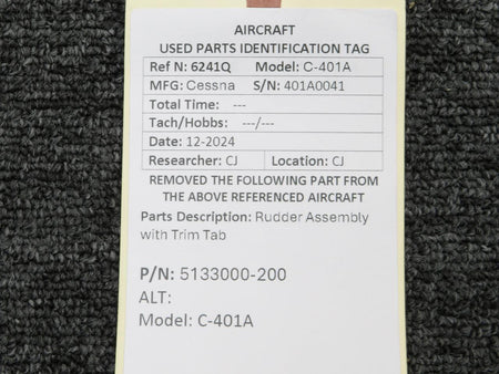 Cessna Aircraft Parts 5133000-200 Cessna C-401A Rudder Assembly with Trim Tab