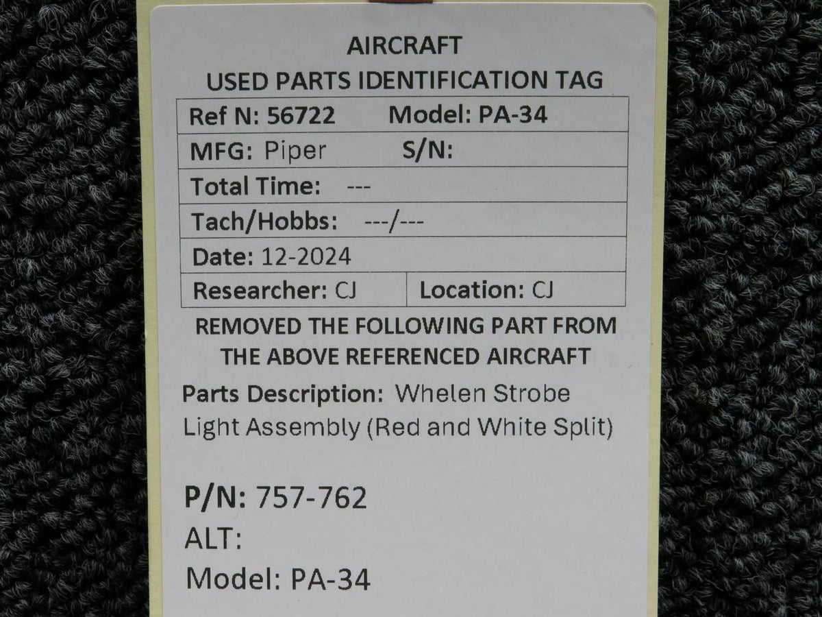 Whelen 757-762 Piper PA-34 Whelen Strobe Light Assembly (Red and White Split)
